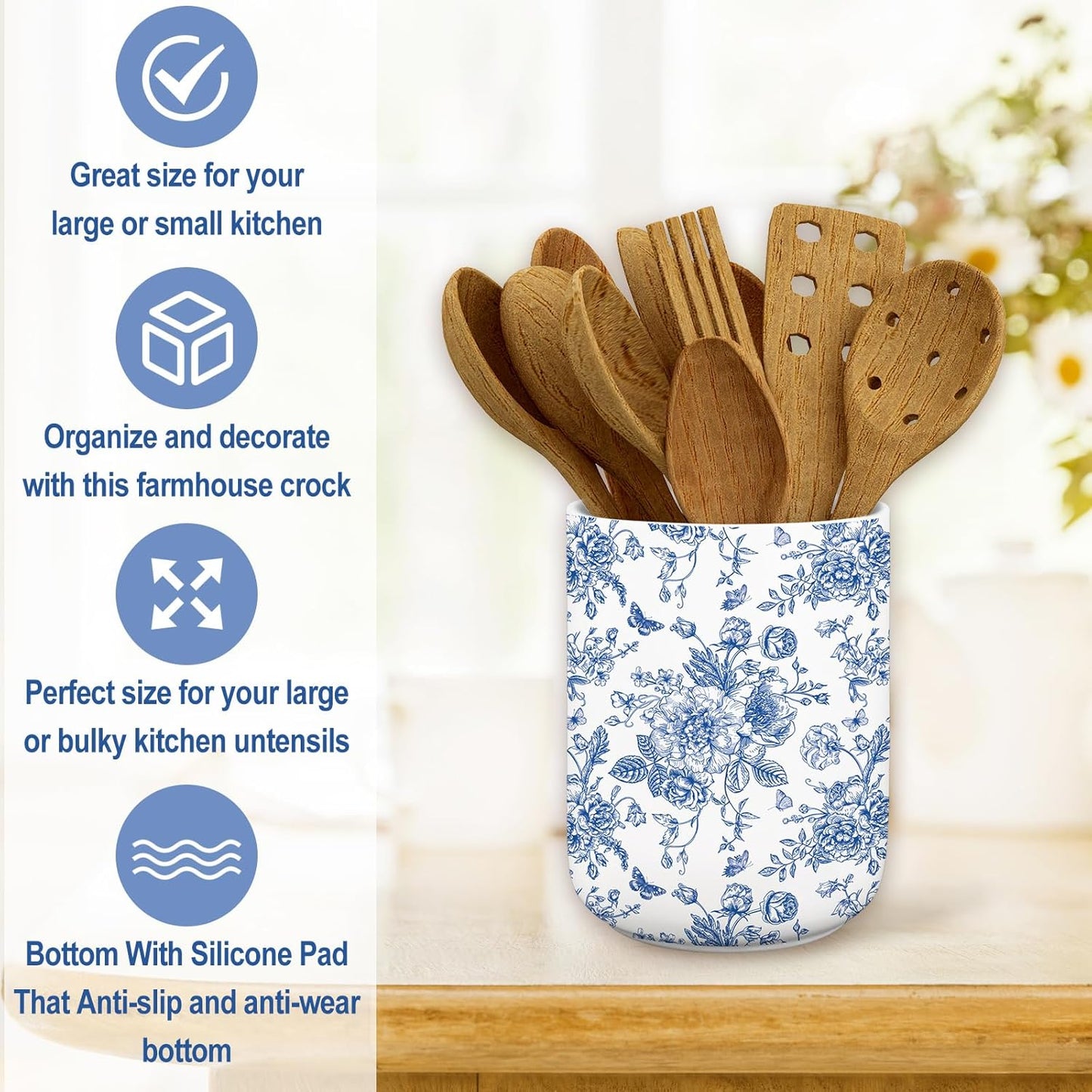 Blue Floral Ceramic Utensil Holder Chinoiserie Chopstick Crock | Vintage Toile Flower Butterfly, Cooking Tool Storage Organizer Container, For 250th Anniversary Home Kitchen Countertop Decor