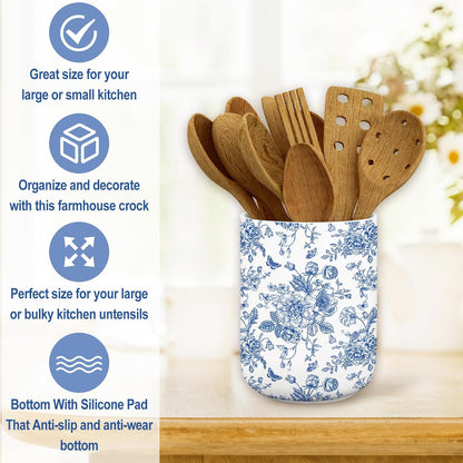 Blue Floral Ceramic Utensil Holder Chinoiserie Chopstick Crock | Vintage Toile Flower Butterfly, Cooking Tool Storage Organizer Container, For 250th Anniversary Home Kitchen Countertop Decor