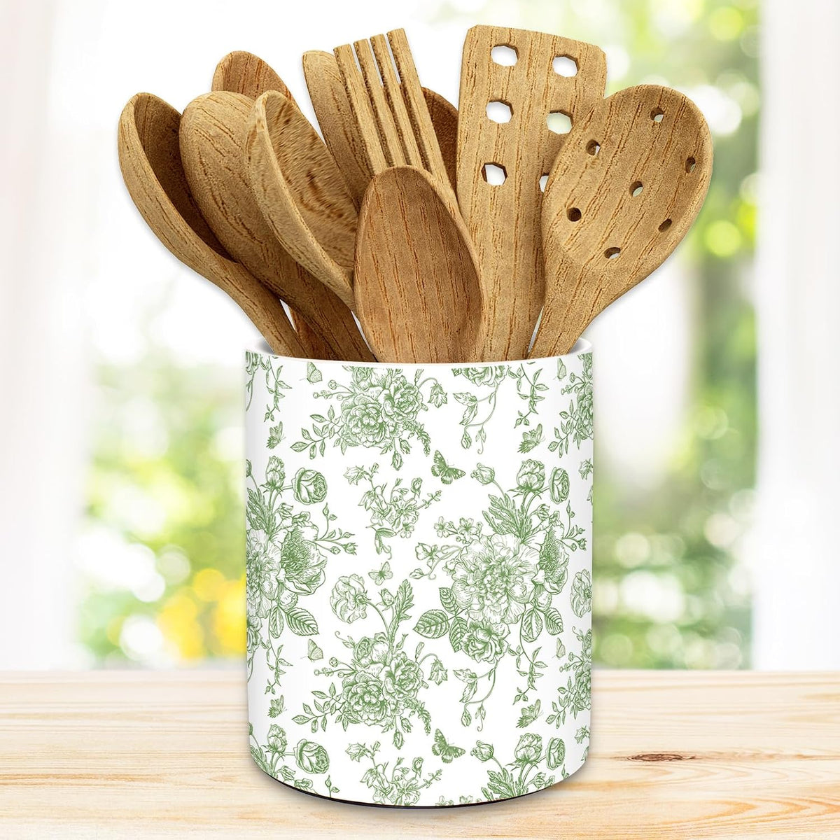 Blue Floral Ceramic Utensil Holder Chinoiserie Chopstick Crock | Vintage Toile Flower Butterfly, Cooking Tool Storage Organizer Container, For 250th Anniversary Home Kitchen Countertop Decor