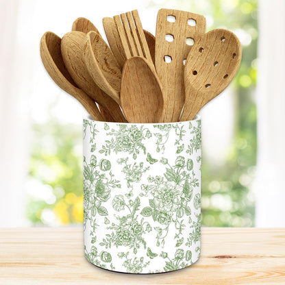 Blue Floral Ceramic Utensil Holder Chinoiserie Chopstick Crock | Vintage Toile Flower Butterfly, Cooking Tool Storage Organizer Container, For 250th Anniversary Home Kitchen Countertop Decor