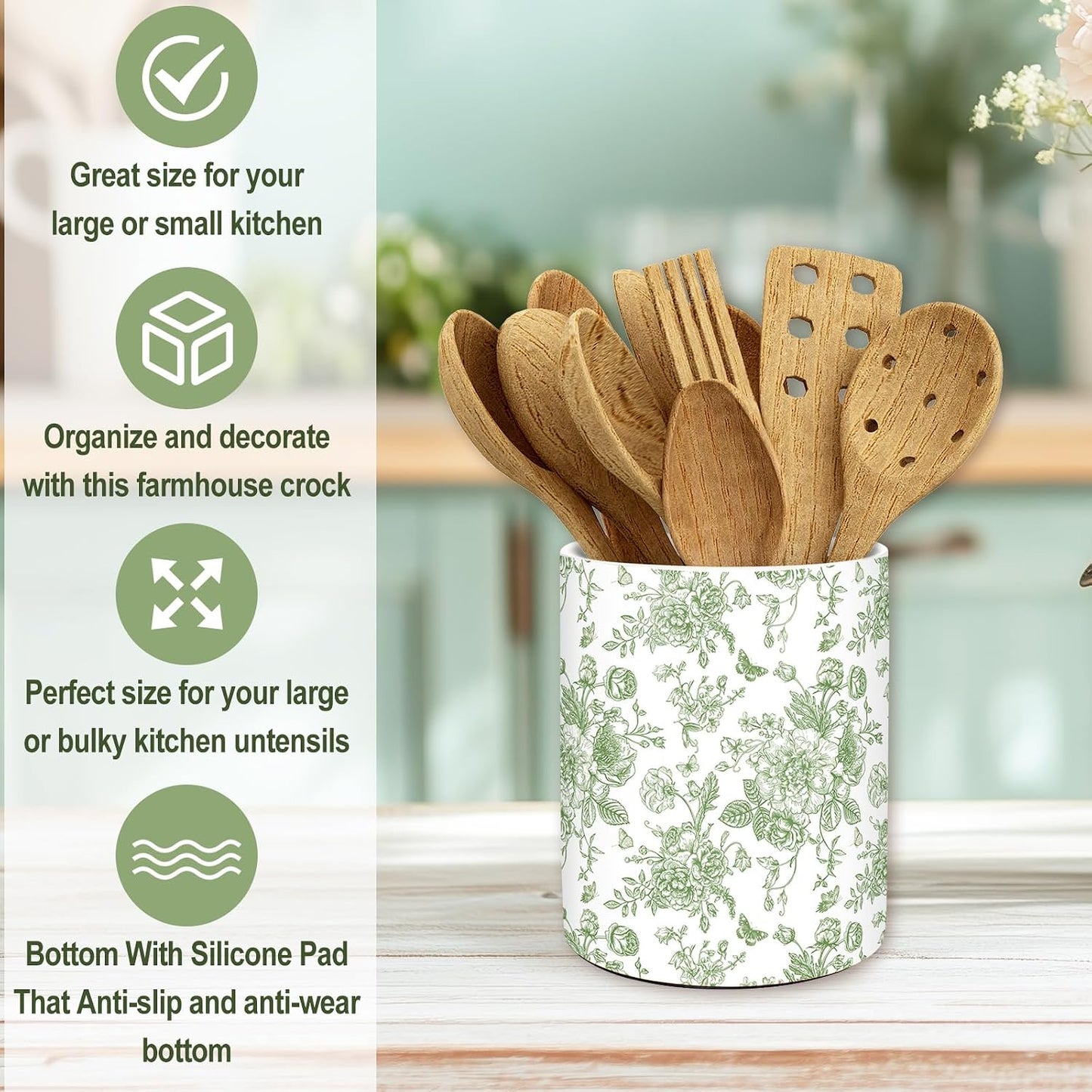 Blue Floral Ceramic Utensil Holder Chinoiserie Chopstick Crock | Vintage Toile Flower Butterfly, Cooking Tool Storage Organizer Container, For 250th Anniversary Home Kitchen Countertop Decor