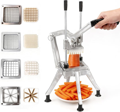 Commercial Vegetable Chopper w/ 4 Replacement Blades, Stainless Steel French Fry Cutter Potato Dicer & Fruit Slicer for Restaurants & Home Kitchen