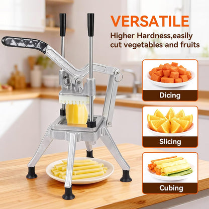 Commercial Vegetable Chopper w/ 4 Replacement Blades, Stainless Steel French Fry Cutter Potato Dicer & Fruit Slicer for Restaurants & Home Kitchen