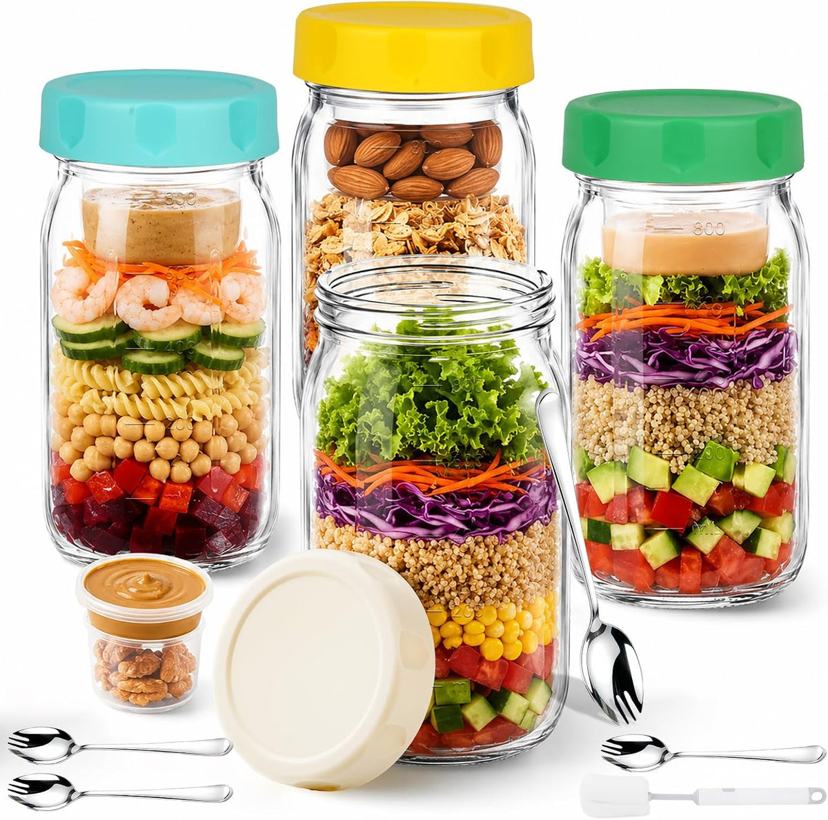 4 Pack Salad Jar, 32oz Salad Jars with Separate Wet/Dry Dressing Cup, Leakproof Salad Container for Lunch, Glass Food Storage for Home, Office and Outdoor