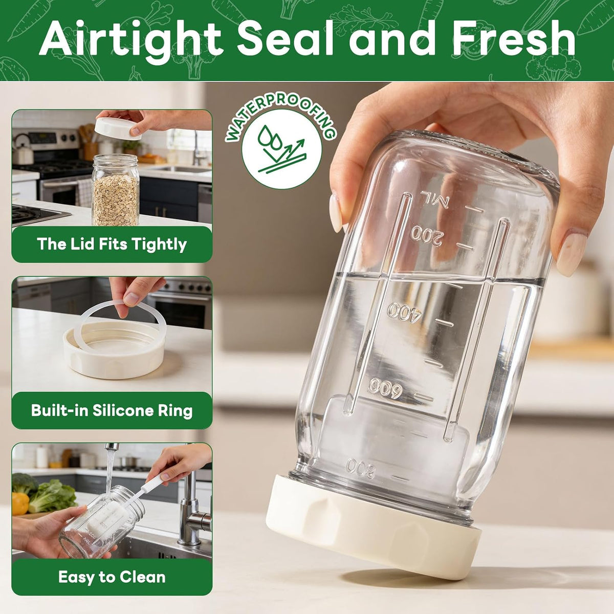 4 Pack Salad Jar, 32oz Salad Jars with Separate Wet/Dry Dressing Cup, Leakproof Salad Container for Lunch, Glass Food Storage for Home, Office and Outdoor