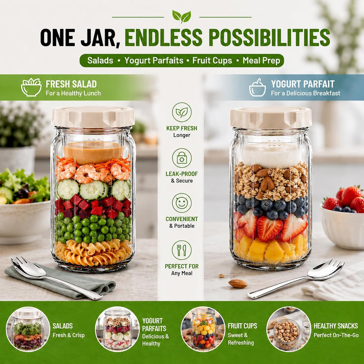 4 Pack Salad Jar, 32oz Salad Jars with Separate Wet/Dry Dressing Cup, Leakproof Salad Container for Lunch, Glass Food Storage for Home, Office and Outdoor
