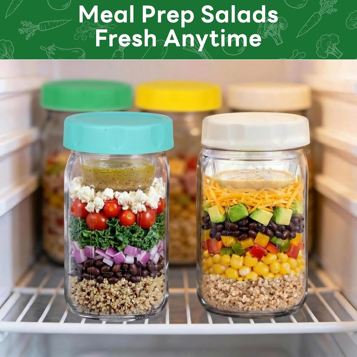 4 Pack Salad Jar, 32oz Salad Jars with Separate Wet/Dry Dressing Cup, Leakproof Salad Container for Lunch, Glass Food Storage for Home, Office and Outdoor