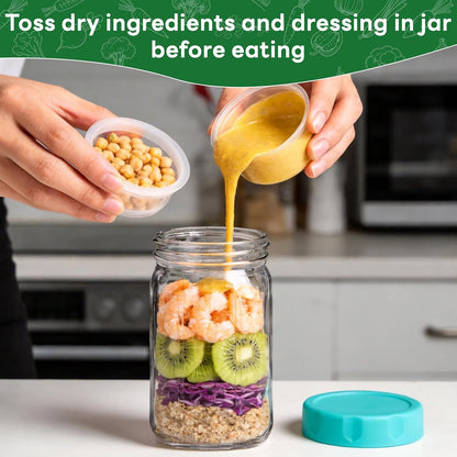 4 Pack Salad Jar, 32oz Salad Jars with Separate Wet/Dry Dressing Cup, Leakproof Salad Container for Lunch, Glass Food Storage for Home, Office and Outdoor