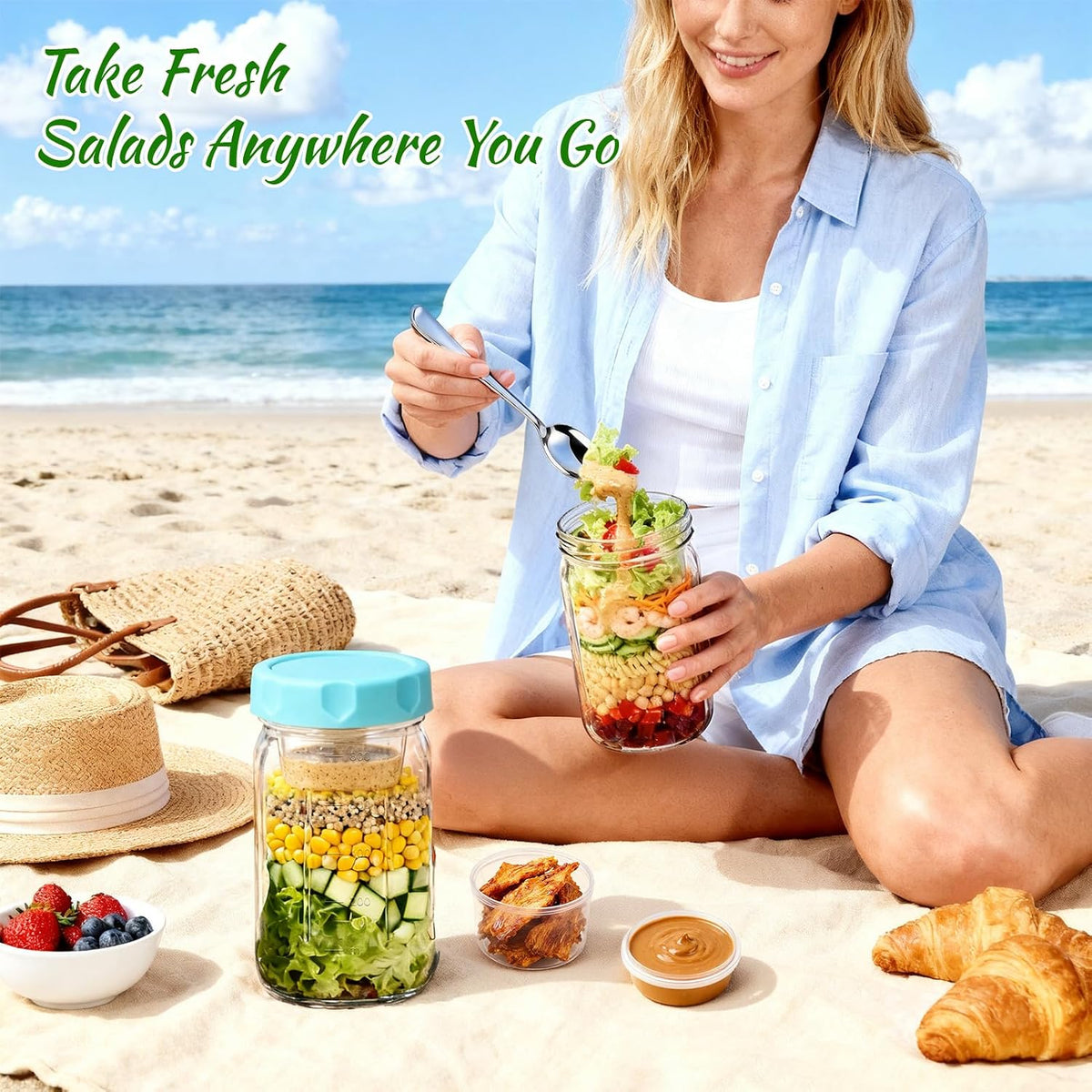 4 Pack Salad Jar, 32oz Salad Jars with Separate Wet/Dry Dressing Cup, Leakproof Salad Container for Lunch, Glass Food Storage for Home, Office and Outdoor