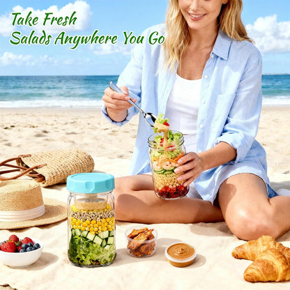 4 Pack Salad Jar, 32oz Salad Jars with Separate Wet/Dry Dressing Cup, Leakproof Salad Container for Lunch, Glass Food Storage for Home, Office and Outdoor