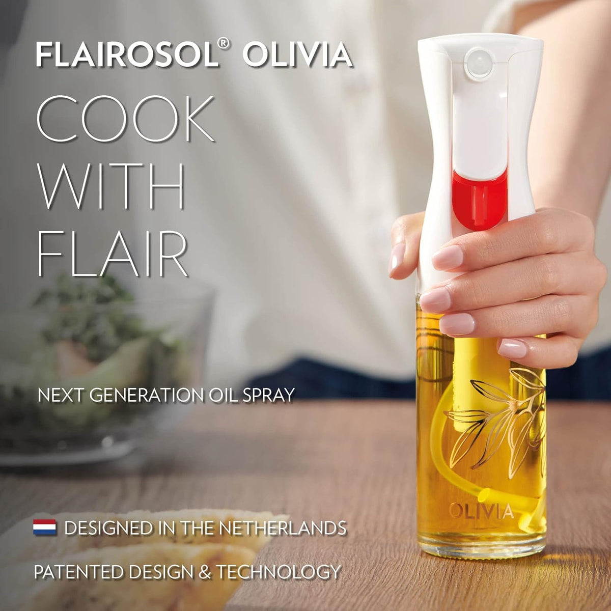 OLIVIA SIGNATURE Oil Sprayer, 130ml Glass, Golden Leaves | Portion control mist for air fryer, salad, BBQ, refillable & reusable, fine mist olive oil kitchen sprayer, anti-drip