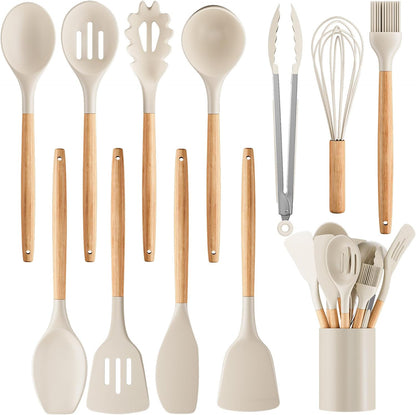 Silicone Cooking Utensil Set,12 PCS Cooking Cookware Kitchen Utensils Set for Cooking, Nonstick 446°F Heat-Resistant Cookware Kitchen Tools of Spoon,Brush,Whisk,Spatula,Turner Tongs (Black)
