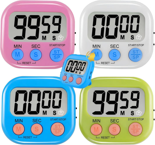 4-Piece Multi-Function Digital Timers with Visual Display for Kids, Ideal for Kitchen Cooking, Egg Timer, Classroom Use, Study, Work, and Exercise Training – Batteries Not Included