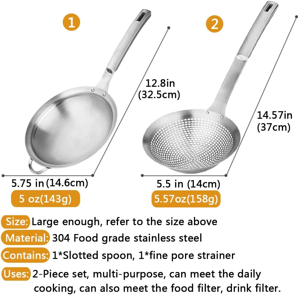 Fine Mesh Stainless Steel Metal With HoleSieve Food Strainer Grease Spider Skimmer And With Handle Large Holes Slotted Colander Frying Spoon Set,Handheld For Kitchen Cooking And Filter Food Residues