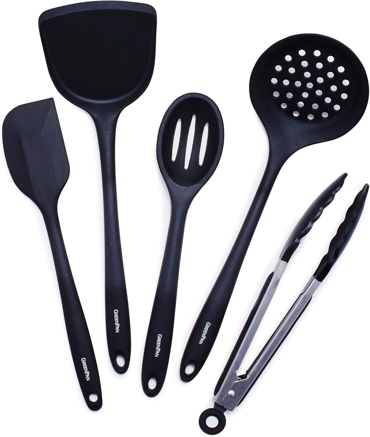 5 Piece Cooking Utensil Set, Flexible Nonstick Silicone, Stain-Free, Tongs, Turner, Spatula, Skimmer, and Slotted Spoon, Black