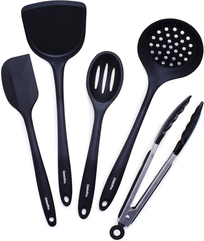5 Piece Cooking Utensil Set, Flexible Nonstick Silicone, Stain-Free, Tongs, Turner, Spatula, Skimmer, and Slotted Spoon, Black