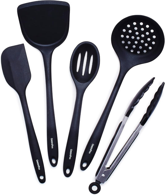 5 Piece Cooking Utensil Set, Flexible Nonstick Silicone, Stain-Free, Tongs, Turner, Spatula, Skimmer, and Slotted Spoon, Black