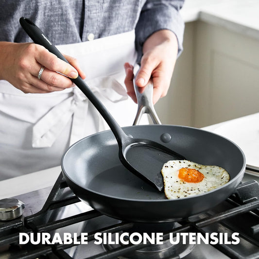 5 Piece Cooking Utensil Set, Flexible Nonstick Silicone, Stain-Free, Tongs, Turner, Spatula, Skimmer, and Slotted Spoon, Black
