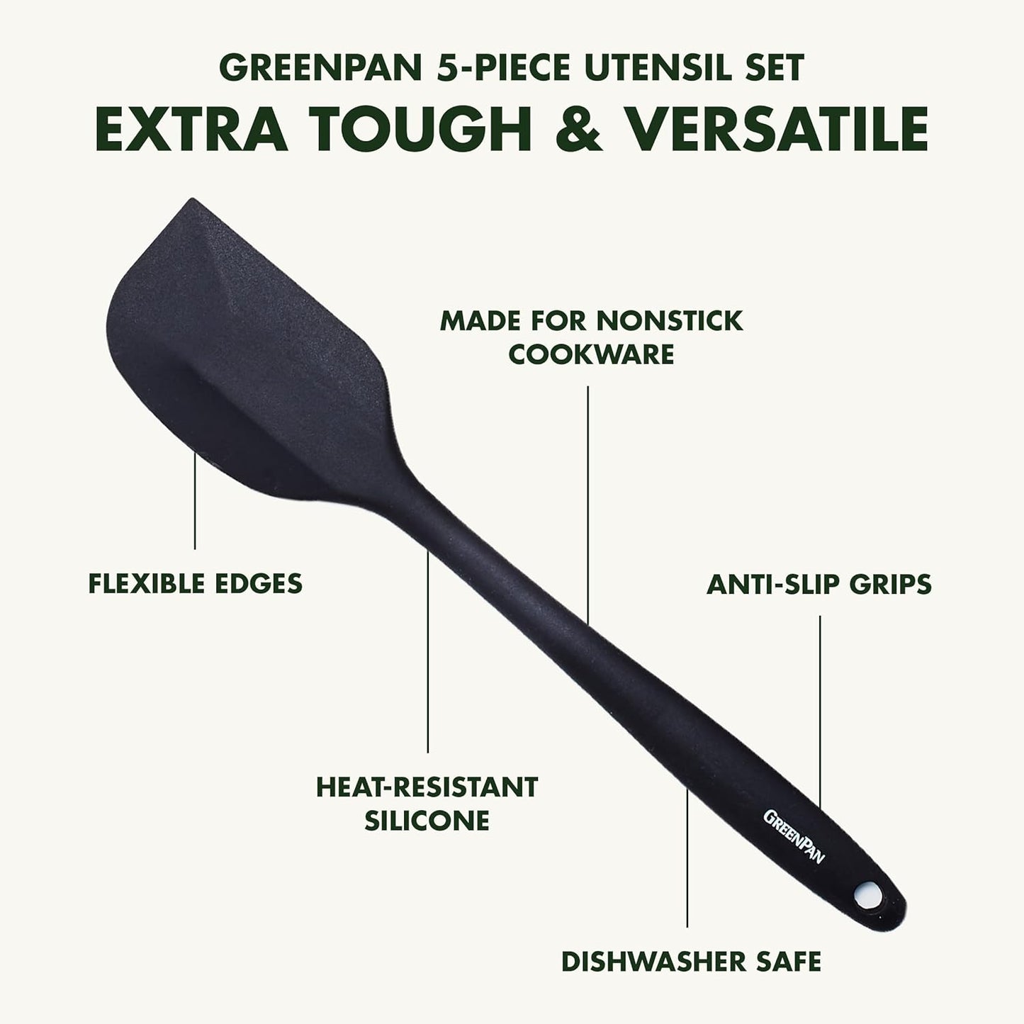 5 Piece Cooking Utensil Set, Flexible Nonstick Silicone, Stain-Free, Tongs, Turner, Spatula, Skimmer, and Slotted Spoon, Black
