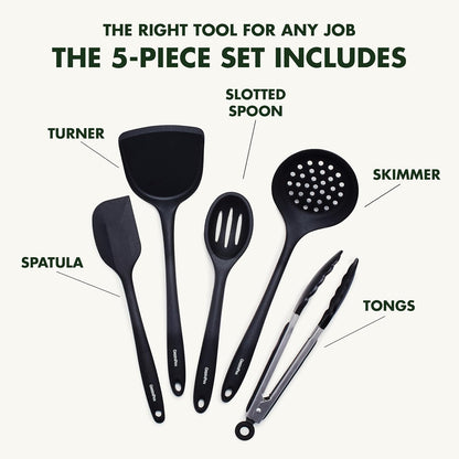 5 Piece Cooking Utensil Set, Flexible Nonstick Silicone, Stain-Free, Tongs, Turner, Spatula, Skimmer, and Slotted Spoon, Black