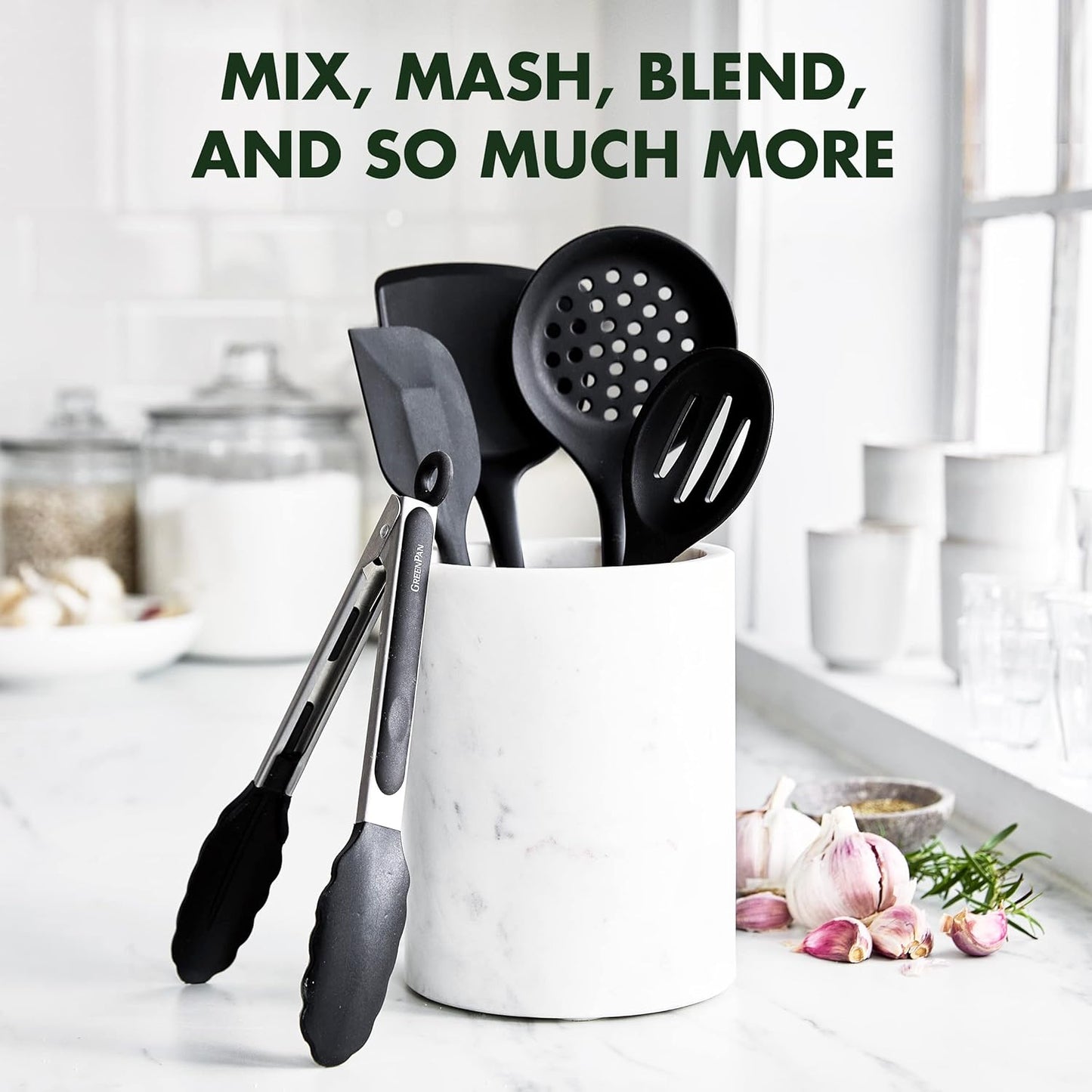 5 Piece Cooking Utensil Set, Flexible Nonstick Silicone, Stain-Free, Tongs, Turner, Spatula, Skimmer, and Slotted Spoon, Black