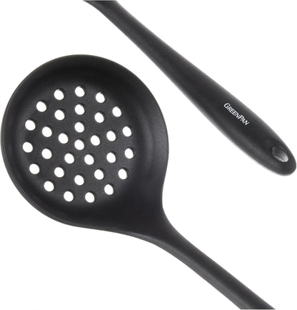 5 Piece Cooking Utensil Set, Flexible Nonstick Silicone, Stain-Free, Tongs, Turner, Spatula, Skimmer, and Slotted Spoon, Black