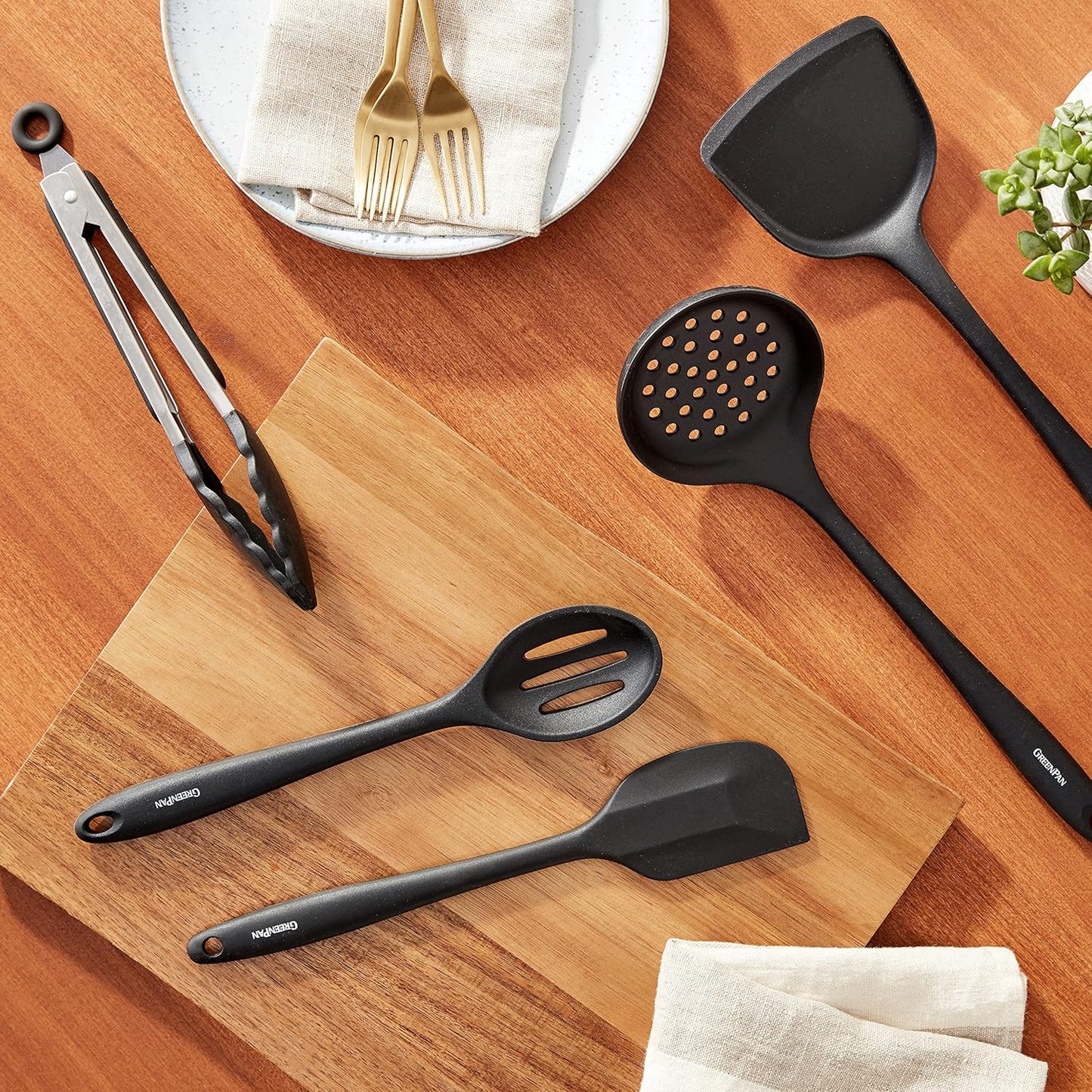5 Piece Cooking Utensil Set, Flexible Nonstick Silicone, Stain-Free, Tongs, Turner, Spatula, Skimmer, and Slotted Spoon, Black