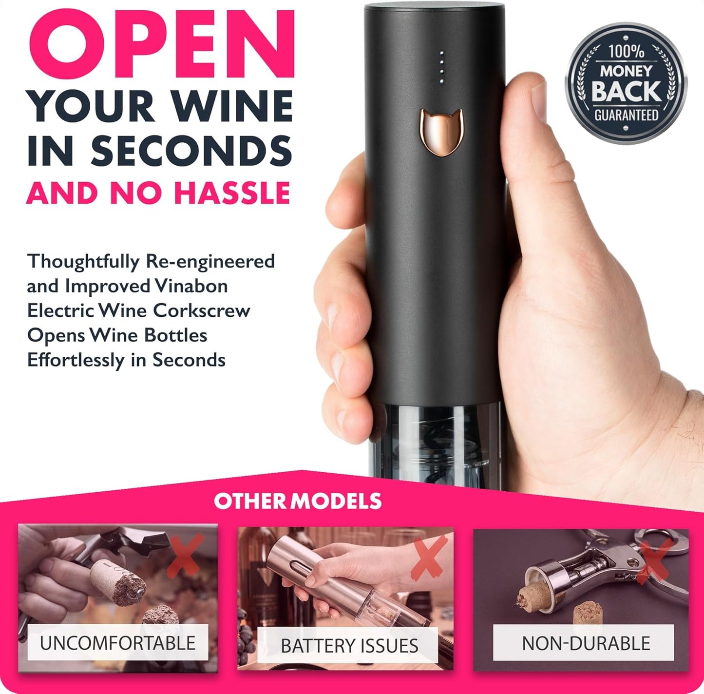 Electric Wine Opener - Updated 2026 One-Touch Automatic Wine Bottle Opener Corkscrew - Rechargeable (Up to 100 Bottles/Charge) with Foil Cutter Stand, LED Indicator. Includes Wine Guide eBook