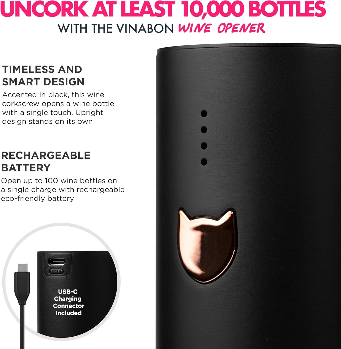 Electric Wine Opener - Updated 2026 One-Touch Automatic Wine Bottle Opener Corkscrew - Rechargeable (Up to 100 Bottles/Charge) with Foil Cutter Stand, LED Indicator. Includes Wine Guide eBook
