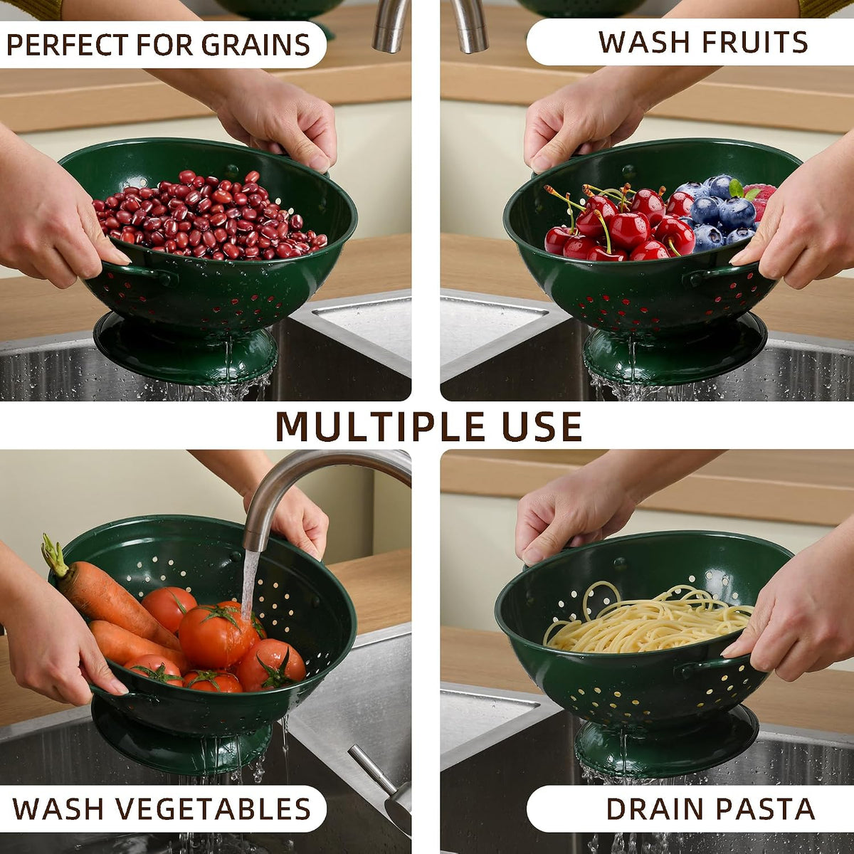 Metal Colander Set of 3, Strainer Basket with Handles perfect for Spaghetti, Pasta, Berry, Vegetable, Fruit, Solid Base Powder Coated Kitchen Essential Strainer Set, 1 & 3.5 & 5 Qt (Cream)