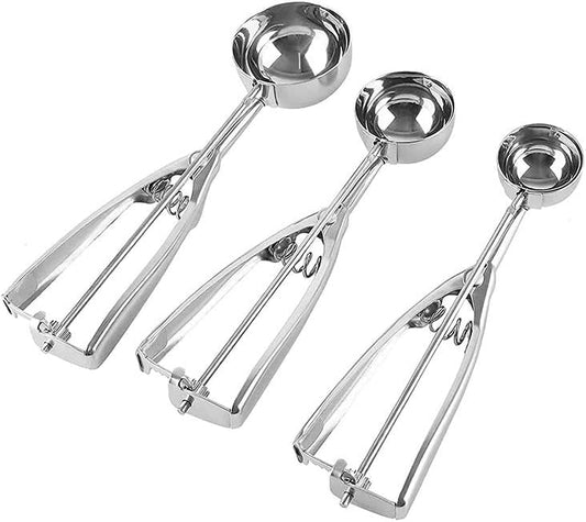 3-Piece Stainless Steel Ice Cream Scoop Set – Heavy Duty Ice Cream Ball Maker in Small, Medium & Large Sizes – Fruit Baller, Cookie Dough Scoop, Melon Spoon