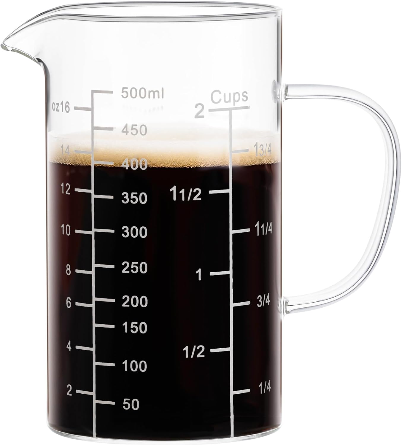 2 Cup Glass Measuring Cup, Liquid Measuring Cups with three Scale and V-Shaped Mouth, Glass Coffee Cups with Handle, Glass Beaker for Kitchen or Restaurant 500 ML