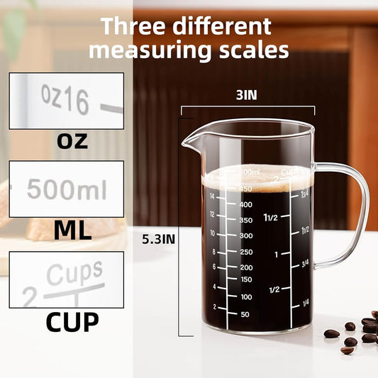 2 Cup Glass Measuring Cup, Liquid Measuring Cups with three Scale and V-Shaped Mouth, Glass Coffee Cups with Handle, Glass Beaker for Kitchen or Restaurant 500 ML