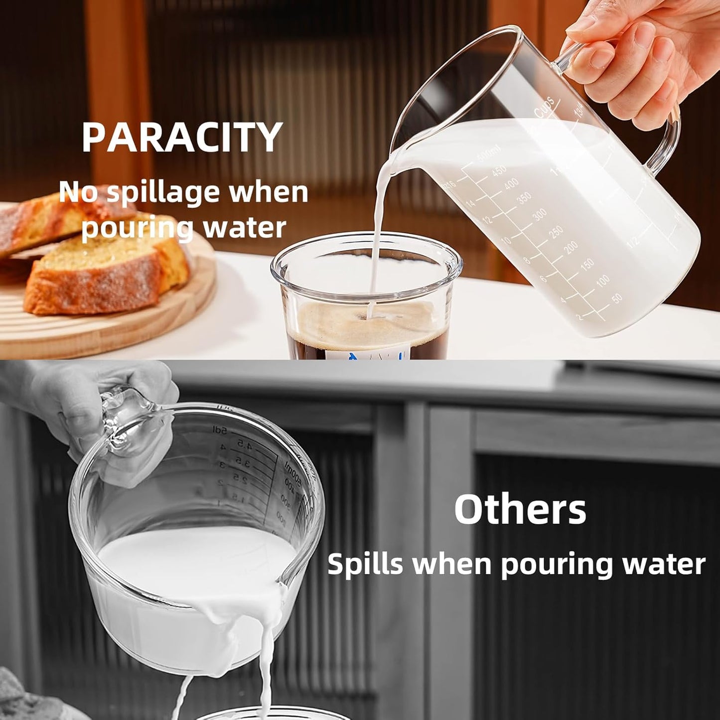 2 Cup Glass Measuring Cup, Liquid Measuring Cups with three Scale and V-Shaped Mouth, Glass Coffee Cups with Handle, Glass Beaker for Kitchen or Restaurant 500 ML