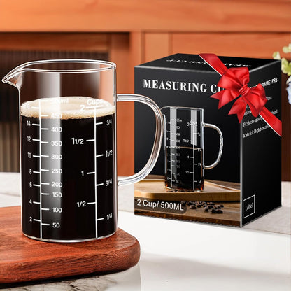 2 Cup Glass Measuring Cup, Liquid Measuring Cups with three Scale and V-Shaped Mouth, Glass Coffee Cups with Handle, Glass Beaker for Kitchen or Restaurant 500 ML