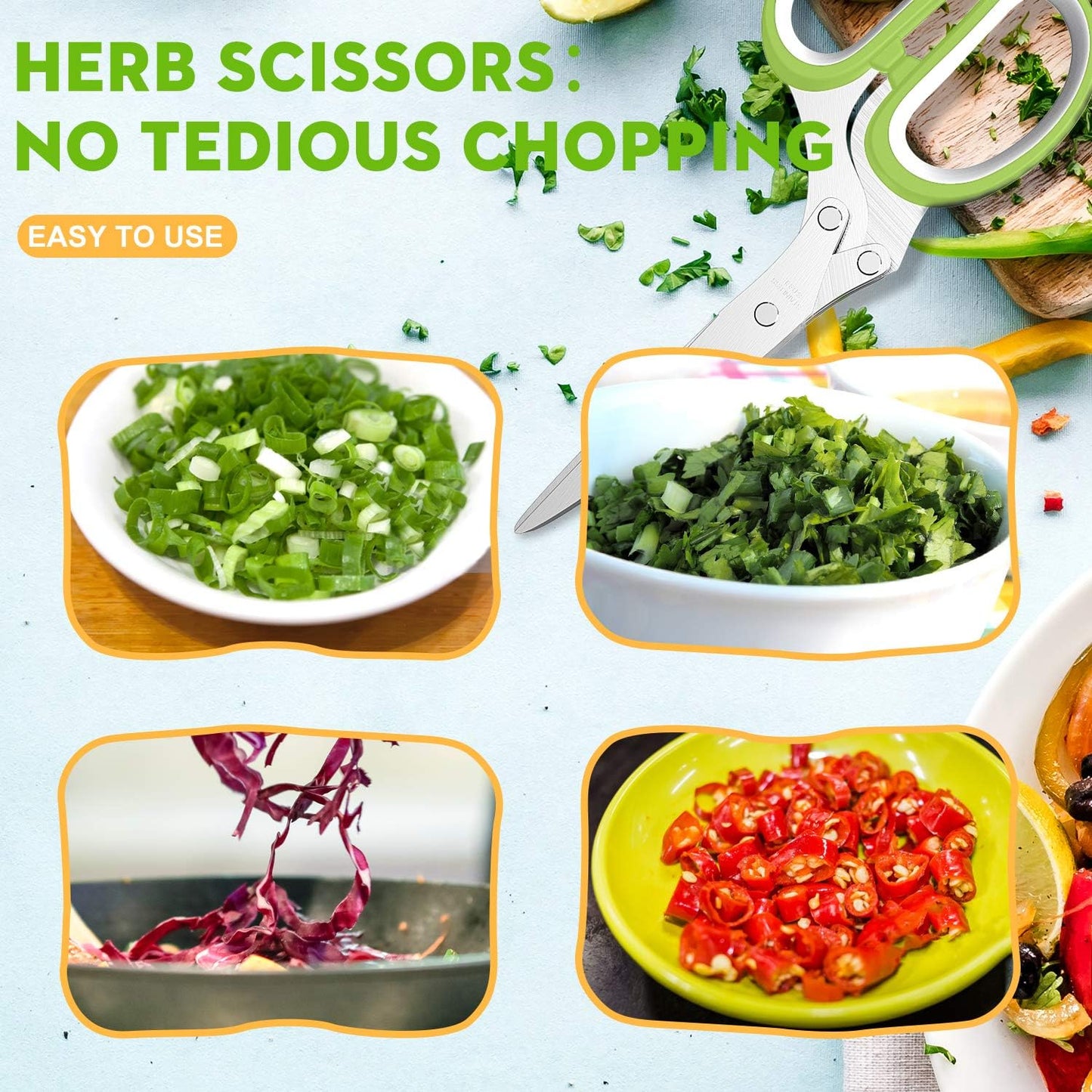 Herb Scissors with 5 Blades and Cover, Kitchen Herb Cutter with Cleaning Comb, Stainless Steel Multi Blade Herb Shears for Basil Parsley Cilantro, Easy Clean Cooking Tool, Unique Kitchen Gadgets Gift