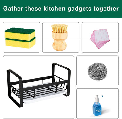 Sponge Holder for Kitchen Sink- Stainless Steel Kitchen Sink Caddy for Organizing Sponge, Brush & Soap Dish Dispenser, coutertop Organizer Rack with Adhesive or Counter top, Black