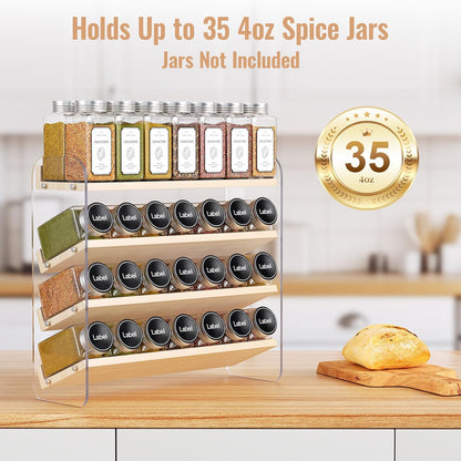 4 Tier Spice Rack Organizer for Cabinet,Wooden Vertical Spice Shelf, Seasoning Organizer for Countertop, Kitchen, Pantry, Freestanding, 13.4" W × 11.2" H (No Jars Included), White