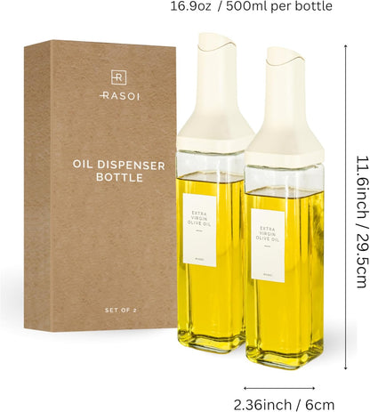 Oil Dispenser Bottle – Set of 2 17oz/500ml Oil and Vinegar Dispenser - Drip-Free Spout Glass Oil Dispenser – Kitchen Oil Dispenser with Automatic Pouring Lid - Olive Oil Bottle for Cooking