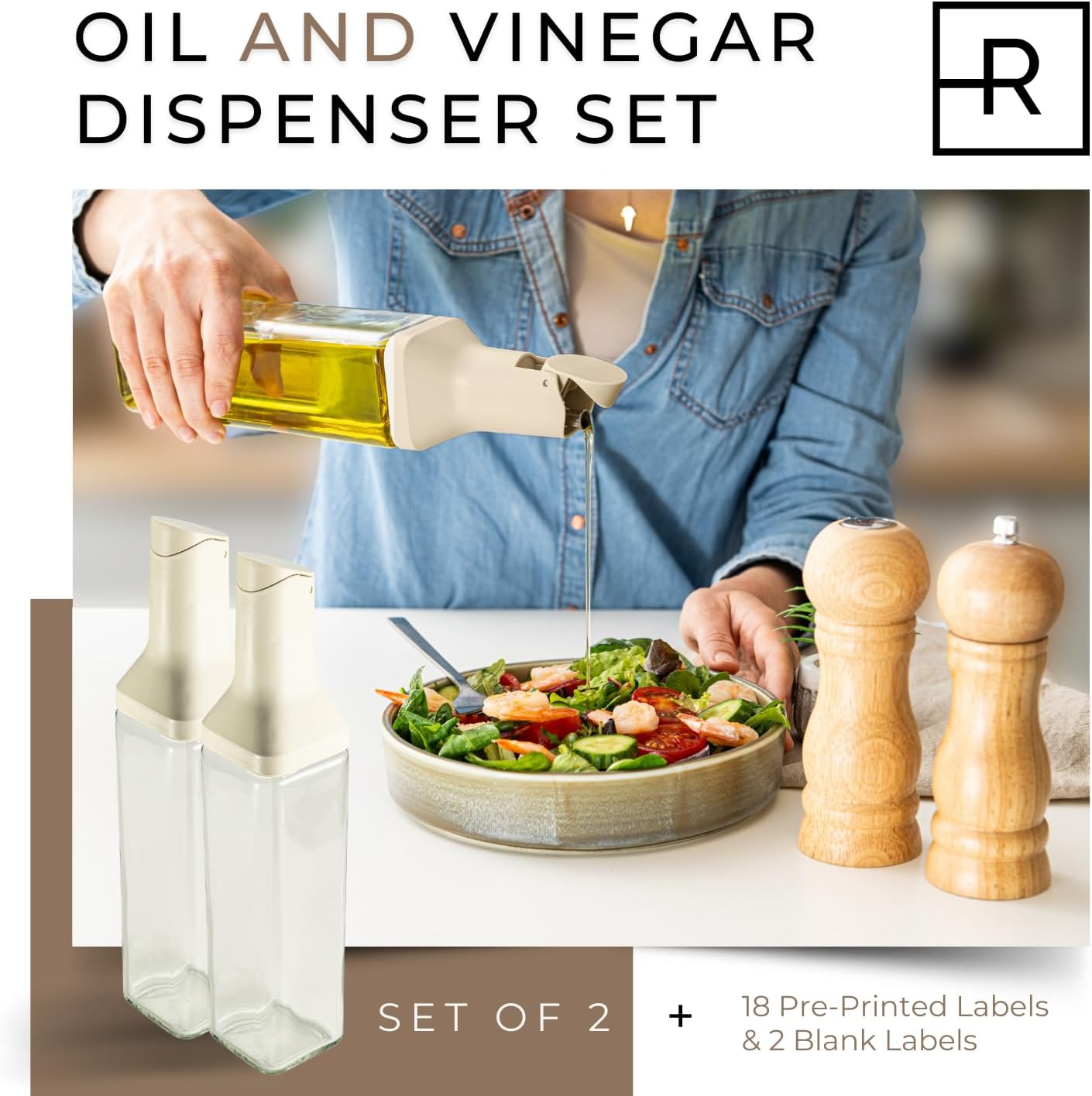 Oil Dispenser Bottle – Set of 2 17oz/500ml Oil and Vinegar Dispenser - Drip-Free Spout Glass Oil Dispenser – Kitchen Oil Dispenser with Automatic Pouring Lid - Olive Oil Bottle for Cooking