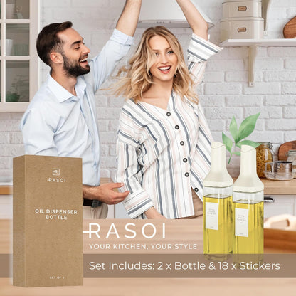 Oil Dispenser Bottle – Set of 2 17oz/500ml Oil and Vinegar Dispenser - Drip-Free Spout Glass Oil Dispenser – Kitchen Oil Dispenser with Automatic Pouring Lid - Olive Oil Bottle for Cooking
