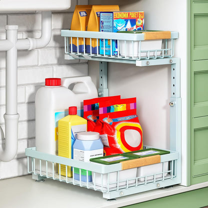 Under Sink Organizer, 2 Tier Under the Sink Storage, Slide out Pull out Cabinet Organizer Shelf, Metal Sliding Drawer for Kitchen Bathroom Pantry Closet Organization Rack, Black, 2 Pack