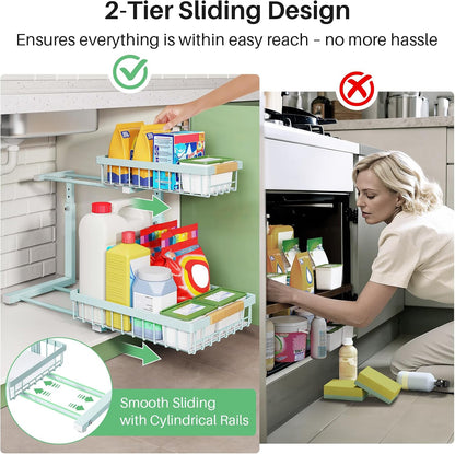 Under Sink Organizer, 2 Tier Under the Sink Storage, Slide out Pull out Cabinet Organizer Shelf, Metal Sliding Drawer for Kitchen Bathroom Pantry Closet Organization Rack, Black, 2 Pack