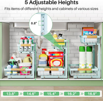 Under Sink Organizer, 2 Tier Under the Sink Storage, Slide out Pull out Cabinet Organizer Shelf, Metal Sliding Drawer for Kitchen Bathroom Pantry Closet Organization Rack, Black, 2 Pack