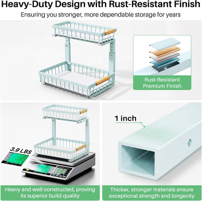Under Sink Organizer, 2 Tier Under the Sink Storage, Slide out Pull out Cabinet Organizer Shelf, Metal Sliding Drawer for Kitchen Bathroom Pantry Closet Organization Rack, Black, 2 Pack