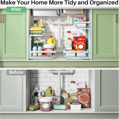 Under Sink Organizer, 2 Tier Under the Sink Storage, Slide out Pull out Cabinet Organizer Shelf, Metal Sliding Drawer for Kitchen Bathroom Pantry Closet Organization Rack, Black, 2 Pack