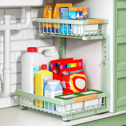 Under Sink Organizer, 2 Tier Under the Sink Storage, Slide out Pull out Cabinet Organizer Shelf, Metal Sliding Drawer for Kitchen Bathroom Pantry Closet Organization Rack, Black, 2 Pack