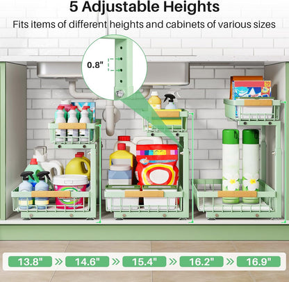 Under Sink Organizer, 2 Tier Under the Sink Storage, Slide out Pull out Cabinet Organizer Shelf, Metal Sliding Drawer for Kitchen Bathroom Pantry Closet Organization Rack, Black, 2 Pack