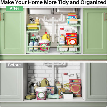 Under Sink Organizer, 2 Tier Under the Sink Storage, Slide out Pull out Cabinet Organizer Shelf, Metal Sliding Drawer for Kitchen Bathroom Pantry Closet Organization Rack, Black, 2 Pack