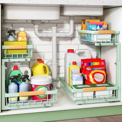 Under Sink Organizer, 2 Tier Under the Sink Storage, Slide out Pull out Cabinet Organizer Shelf, Metal Sliding Drawer for Kitchen Bathroom Pantry Closet Organization Rack, Black, 2 Pack